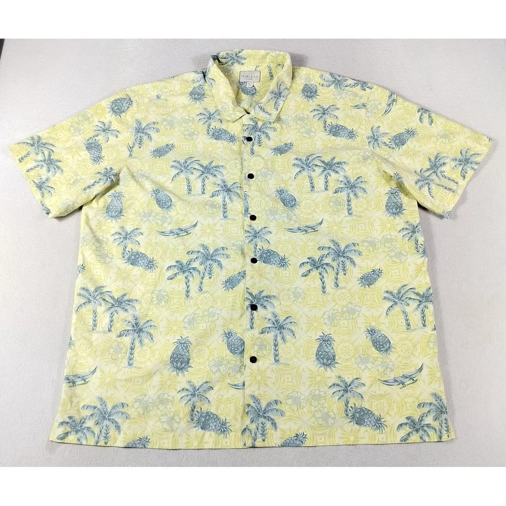 Trader Bay Shirt Mens 2XL Yellow Hawaiian Palm Pineapple Print Aloha Casual AOP